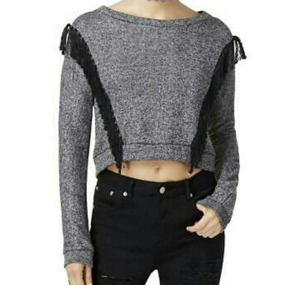 NWT Cozy Fringe Crop Sweater Grey Black Size L - Picture 3 of 6